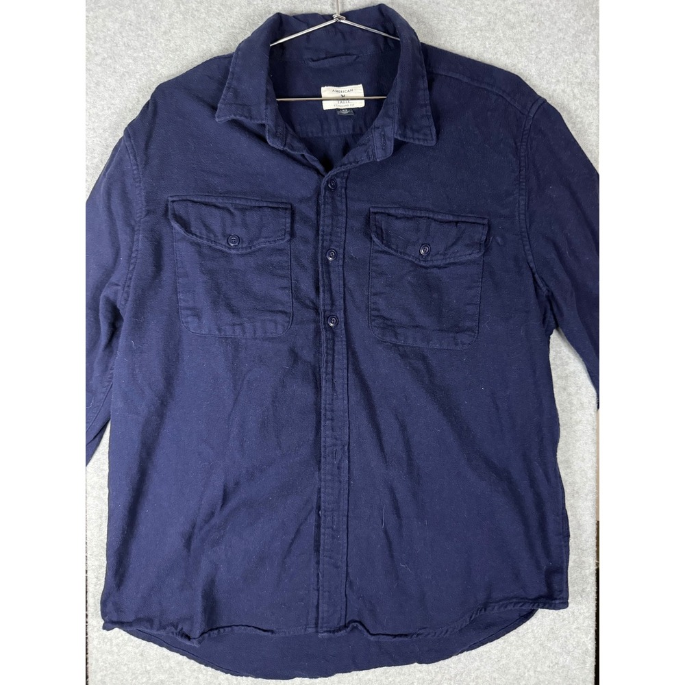 American Eagle Mens Navy Blue Flannel Long Sleeve Button Down Shirt Standard Fit